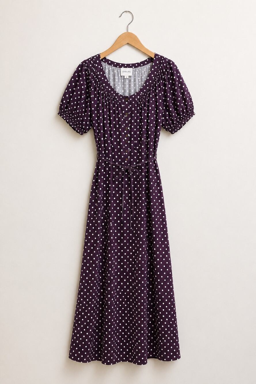 Darling Loungewear Purple White Polka Dot Maxi Dress Puff Sleeve Cottagecore S